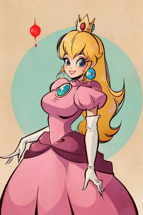 <lora:ARTSTYLE_VintagePinup_jazy_ownwaifu:0.8>,ARTSTYLE_VintagePinup_jazy_ownwaifu, <lora:Diives_Style:0.7>, , ((masterpiece,best quality)), absurdres, <lora:Princess_Peach_Nintendo:0.8>, Princess_Peach, (pink dress), blonde hair, blue eyes, long hair, crown, gem, gloves, puffy sleeves, short sleeves, white gloves, solo, smiling, looking at viewer, cowboy shot, cinematic composition,