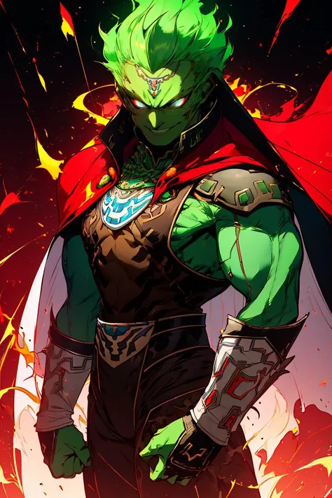 <lora:Diives_Style:0.8>,((masterpiece,best quality)), absurdres, <lora:OoT_Ganondorf_Zelda_Anime:0.8>, OoT_Ganondorf_Zelda, solo, (green skin), cape, solo, smiling, looking at viewer, cowboy shot, <lora:r1ge - AnimeRage:0.8>, r1ge, glowing, red aura,