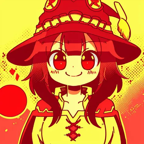 <lora:Diives_Style:0.7>, anime girl, megumin, upper body, smiling, happy, <lora:jbs2:0.9>, jbstyle, halftone shading, red and yellow, digital illustration, smooth shading, smooth gradient