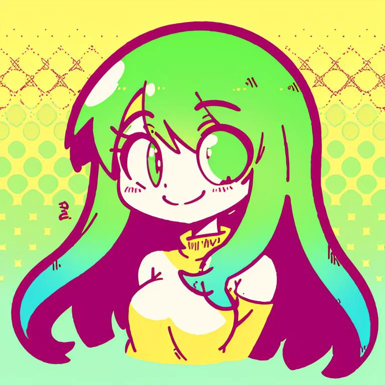 <lora:Diives_Style:0.7>, anime girl, upper body, smiling, happy, <lora:jbs2:0.9>, jbstyle, halftone shading, yellow and green, digital illustration, smooth shading, smooth gradient
