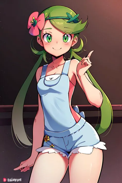 <lora:Diives_Style:0.8>,((masterpiece,best quality)), absurdres, <lora:Mallow-10:0.8>, mallow, pink shirt, grey shorts, grey overalls, smile, trial badge, hairband, hair flower, green eyes, solo, smiling, looking at viewer, cowboy shot, cinematic composition,