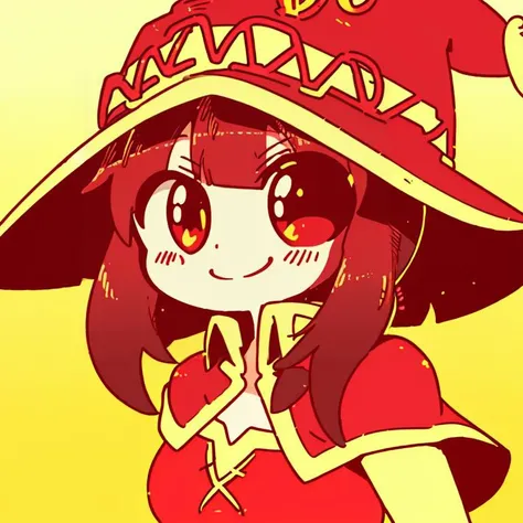 <lora:Diives_Style:0.7>, anime girl, (megumin:1), upper body, smiling, happy, <lora:jbs2:0.9>, jbstyle, halftone shading, red and yellow, digital illustration, smooth shading, smooth gradient