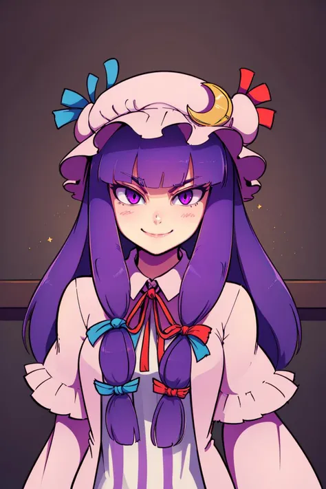 ((best quality)),
1girl, (purple hair, purple eyes:1), long hair, mob cap,crescent hat ornament, ribbon,dress, <lora:patchouli:1>, smile, smug, 
<lora:Diives_Style:0.8>,