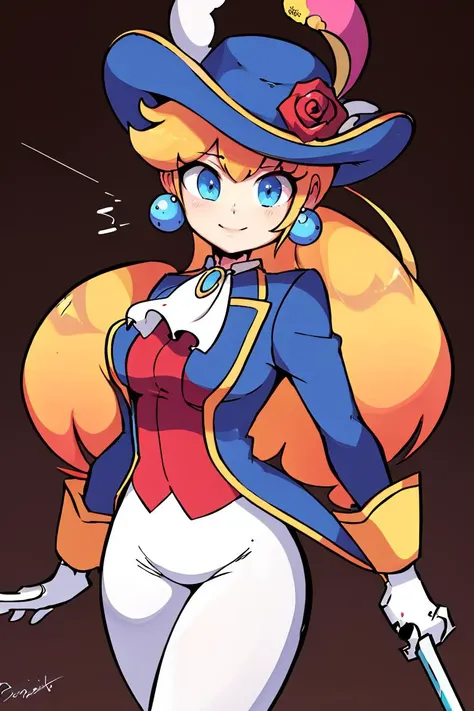 <lora:Diives_Style:0.8>,
((masterpiece,best quality)), absurdres, <lora:Princess_Peach_Nintendo:0.8>, Swordfighter_Peach, solo, 1girl, hat, blonde hair, blue eyes, jewelry, earrings, long hair, rapier, hat feather, pants, ascot, red rose, hat flower, ponytail, white pants, white gloves, boots, blue jacket, long sleeves, smiling, looking at viewer, cowboy shot, cinematic composition,