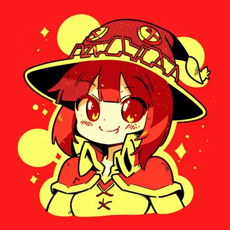 <lora:Diives_Style:0.7>, anime girl, megumin, upper body, smiling, happy, <lora:jbs2:0.9>, jbstyle, halftone shading, red and yellow, digital illustration, smooth shading, smooth gradient