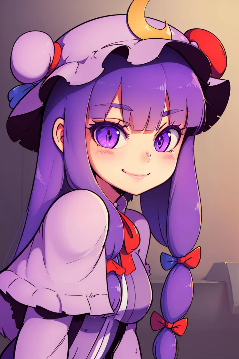 ((best quality)),
1girl, (purple hair, purple eyes:1), long hair, mob cap,crescent hat ornament, ribbon,dress, <lora:patchouli:1>, smile, blushing,
<lora:Diives_Style:0.8>,