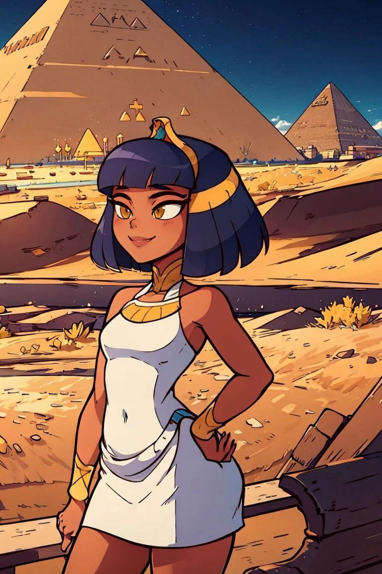 <lora:Diives_Style:0.8>,((masterpiece, best quality)), <lora:CleopatraLora-10:0.7>, dark skin, Cleopatra, white dress, smile, tiara, desert, pyramid \(structure\), contrapposto, side view,