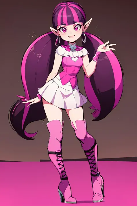 <lora:Diives_Style:0.8>,((masterpiece,best quality)), absurdres, <lora:Draculaura_Anime:0.8>, Draculaura_MH, pink top, black hair, pink hair, multicolored hair, pointy ears, white skirt, pink knee boots, smiling, contrapposto