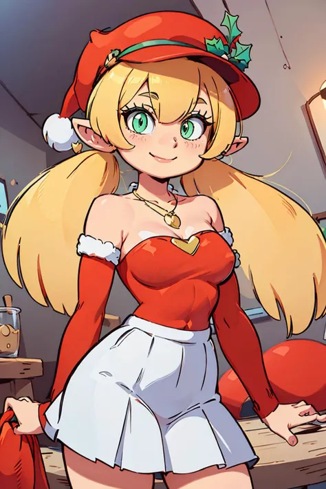<lora:Diives_Style:0.8>,((masterpiece,best quality)), absurdres, <lora:Klee_Adult_Christmas:0.8>, Klee_Adult_Christmas, pointy ears, green eyes, santa hat, mistletoe on hat, red shirt, bare shoulders, detached red sleeves, blonde, heart necklace, jewelry, twintails, white skirt, solo, smiling, looking at viewer, cowboy shot,