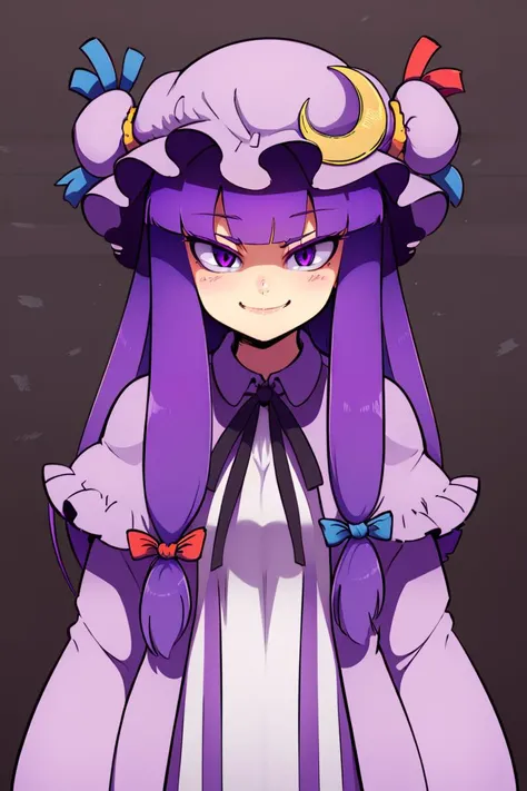 ((best quality)),
1girl, (purple hair, purple eyes:1), long hair, mob cap,crescent hat ornament, ribbon,dress, <lora:patchouli:1>, smile, smug,
<lora:Diives_Style:0.8>,