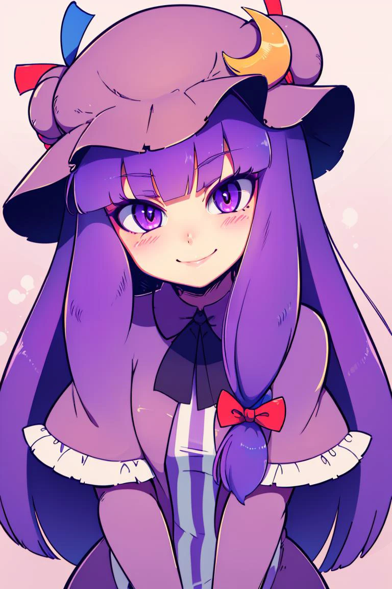 ((best quality)),
1girl, (purple hair, purple eyes:1), long hair, mob cap,crescent hat ornament, ribbon,dress, <lora:patchouli:1>, smile, blushing,
<lora:Diives_Style:0.8>,