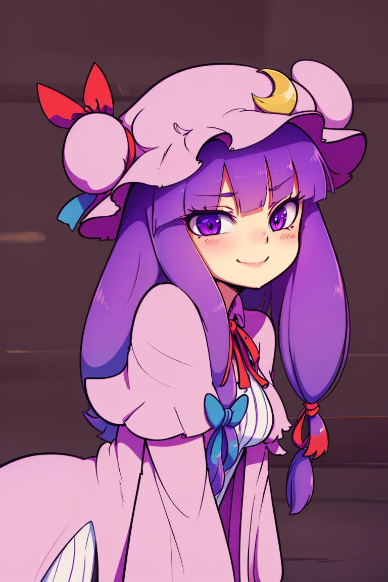 ((best quality)),
1girl, (purple hair, purple eyes:1), long hair, mob cap,crescent hat ornament, ribbon,dress, <lora:patchouli:1>, smile, blushing,
<lora:Diives_Style:0.8>,