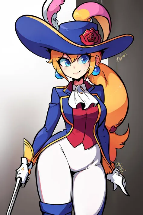 <lora:Diives_Style:0.8>,
((masterpiece,best quality)), absurdres, <lora:Princess_Peach_Nintendo:0.8>, Swordfighter_Peach, solo, 1girl, hat, blonde hair, blue eyes, jewelry, earrings, long hair, rapier, hat feather, pants, ascot, red rose, hat flower, ponytail, white pants, white gloves, boots, blue jacket, long sleeves, smiling, looking at viewer, cowboy shot,  cinematic composition,