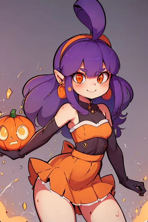 <lora:Diives_Style:1>, ((masterpiece,best quality)), absurdres, <lora:Stardust_Pumpkins_Citron_OC_Anime:0.8>, Stardust_Pumpkins_Citron_OC, 1girl, solo, long purple hair, orange eyes, ahoge, pointy ears, orange dress, elbow gloves, bare shoulders, maid headdress, jewelry, earrings, solo, smiling, looking at viewer, cowboy shot, cinematic composition, , contrapposto,
