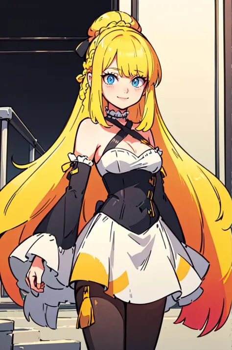 <lora:Diives_Style:0.8> <lora:Marina_Lucce_Maxetto_OC_v2:0.5> smile, Marina_Lucce_Maxetto_OC, 1girl, solo, blonde, very long hair, french braid, hair ribbon, frilled choker, criss-cross halter, sleeveless dress, high-waist skirt, backless dress, waist bow, detached sleeves, frilled sleeves, wide sleeves, pantyhose,, absurdres, ultra detailed, masterpiece, best quality, aesthetic, detailed,