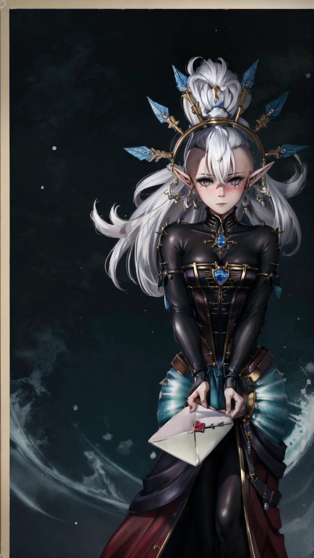 <lora:love_letter_v1:0.8> (love letter, incoming gift, letter, holding, holding love letter:1.25), BREAK, (looking at viewer:1.15), blush, BREAK, <lora:Yvraine MK1 by CARAXES:0.8> YVRAINE, 1girl, white hair, TOPKNOT, HAIRORNAMENT, pointy ears, eldari, BREAK,, masterpiece, best quality, extremely detailed, highly quality, 4k, sharp focus, professional, sharp focus, award winning, cinematic lighting, octane render, unreal engine, volumetrics dtx, Wallpaper,