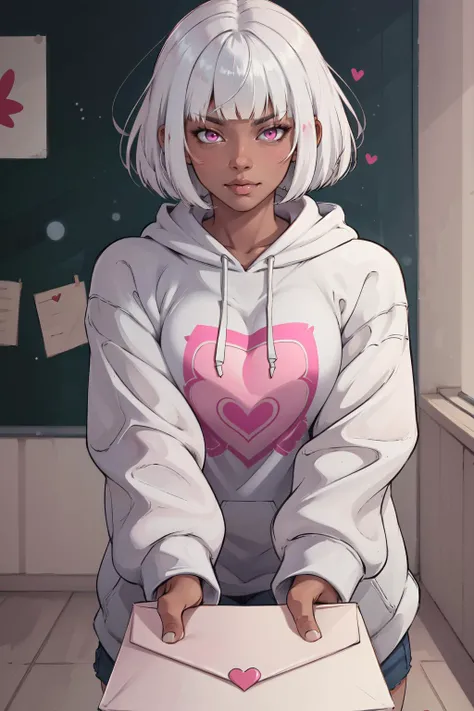 (masterpiece,best quality,absurdres),love letter,1girl,dark-skinned female,bob cut,blunt bangs,white hair,pink eyes,hoodie,smug <lora:love_letter_v1:0.8>