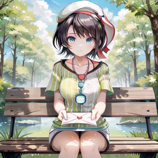 masterpiece, (((best quality))), ultra-detailed, beautiful detailed eyes:1.2), <lora:hyperdetailer_v095:0.4>, <lora:breastinClass:0.3>,
<lora:oozora_subaru_v1:0.8> aasubaru, short hair, cap, backwards hat, breast, collarbone, watch, whistle around neck, vertical-striped shirt, tied shirt, short sleeves, wristband, white shorts ,,
<lora:love_letter_v1:0.7> love letter, incoming gift, outdoors, park, grass, lake, bench, sunny day, bright, bypassers in the background,
