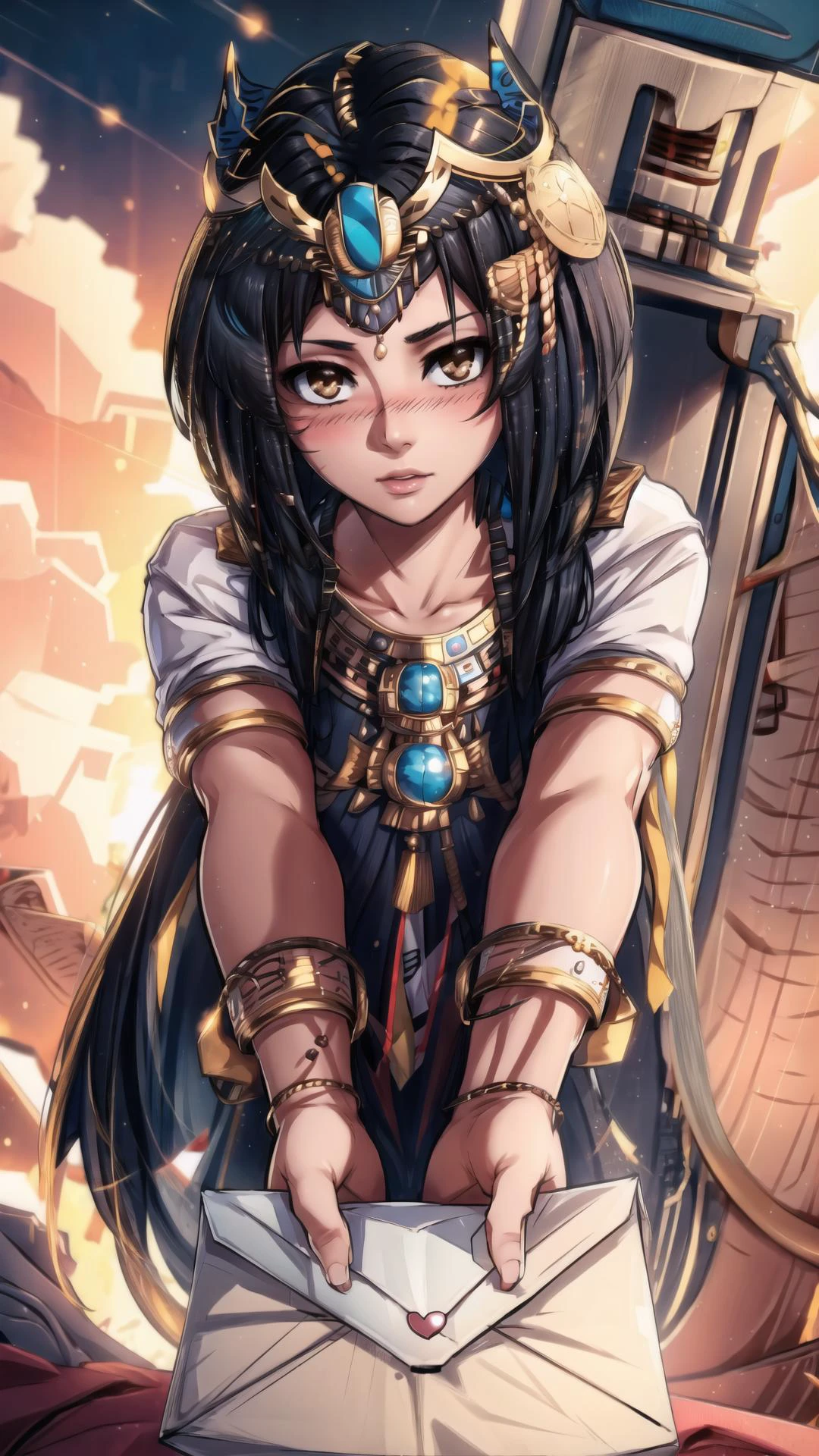 <lora:love_letter_v1:0.8> (love letter, incoming gift, letter, holding, holding love letter:1.25), BREAK, (looking at viewer:1.15), blush, BREAK, <lora:ACOCleopatra:0.8> ACOCleopatra, 1girl, black hair, brown eyes, jewelry, dark skin, BREAK,, masterpiece, best quality, extremely detailed, highly quality, 4k, sharp focus, professional, sharp focus, award winning, cinematic lighting, octane render, unreal engine, volumetrics dtx, Wallpaper,