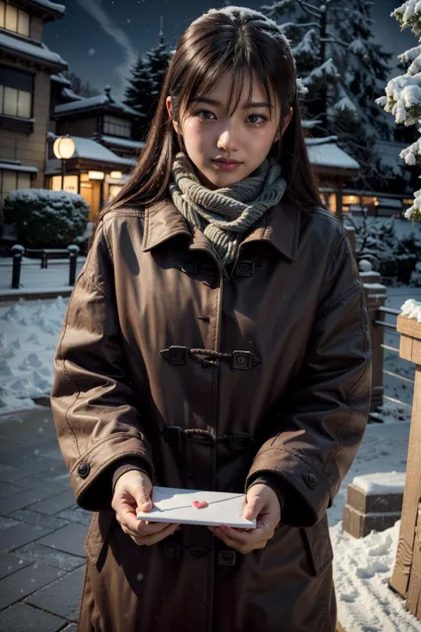 (realistic:1.3), finely detailed, quality, rembrandt lighting, (masterpiece:1.2), (photorealistic:1.2), (best quality), (detailed skin:1.3), (intricate details), dramatic, ray tracing, 1girl, japanese girl, 21 years old, detailed skin texture, (goosebumps:0.5), subsurface scattering, looking at viewer, shy, smiling, blushing cheeks, medium breasts, long hair, bangs, hair between eyes, scarf, coat, closed coat, love letter, incoming gift, (night, night sky, park, trees, winter scene, snow, tokyo tower far away), <lora:love_letter_v1:0.7>
