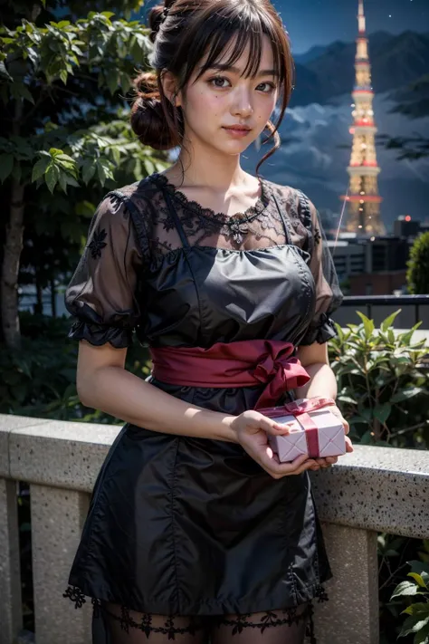 (realistic:1.3), finely detailed, quality, rembrandt lighting, (masterpiece:1.2), (photorealistic:1.2), (best quality), (detailed skin:1.3), (intricate details), dramatic, ray tracing, 1girl, japanese girl, 21 years old, detailed skin texture, (goosebumps:0.5), subsurface scattering, looking at viewer, shy, smiling, blushing cheeks, medium breasts, updo hair, bangs, hair between eyes, lace dress, puffy sleeves, short sleeves, see-through, love letter, incoming gift, (night, night sky, park, trees, tokyo tower far away), <lora:love_letter_v1:0.7>