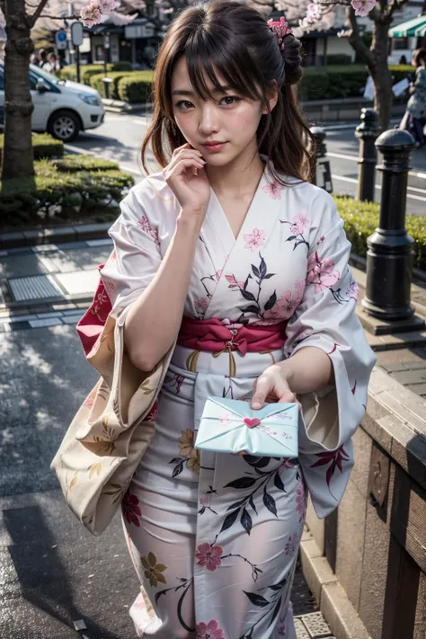 (realistic:1.3), finely detailed, quality, rembrandt lighting, (masterpiece:1.2), (photorealistic:1.2), (best quality), (detailed skin:1.3), (intricate details), dramatic, ray tracing, 1girl, japanese girl, 21 years old, detailed skin texture, (goosebumps:0.5), subsurface scattering, looking at viewer, shy, smiling, blushing cheeks, medium breasts, updo hair, bangs, hair between eyes, kimono, japanese clothes, floral print, love letter, incoming gift, (bright sunny day, park, cherry blossom trees, tokyo tower far away), <lora:love_letter_v1:0.7>