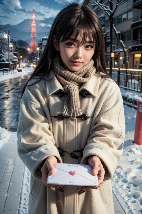 (realistic:1.3), finely detailed, quality, rembrandt lighting, (masterpiece:1.2), (photorealistic:1.2), (best quality), (detailed skin:1.3), (intricate details), dramatic, ray tracing, 1girl, japanese girl, 21 years old, detailed skin texture, (goosebumps:0.5), subsurface scattering, looking at viewer, shy, smiling, blushing cheeks, medium breasts, long hair, bangs, hair between eyes, scarf, coat, closed coat, love letter, incoming gift, (night, night sky, park, trees, winter scene, snow, tokyo tower far away), <lora:love_letter_v1:0.7>