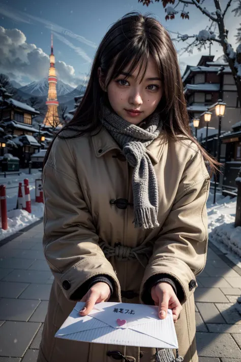 (realistic:1.3), finely detailed, quality, rembrandt lighting, (masterpiece:1.2), (photorealistic:1.2), (best quality), (detailed skin:1.3), (intricate details), dramatic, ray tracing, 1girl, japanese girl, 21 years old, detailed skin texture, (goosebumps:0.5), subsurface scattering, looking at viewer, shy, smiling, blushing cheeks, medium breasts, long hair, bangs, hair between eyes, scarf, coat, closed coat, love letter, incoming gift, (night, night sky, park, trees, winter scene, snow, tokyo tower far away), <lora:love_letter_v1:0.7>