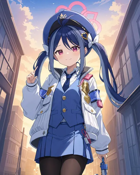 fubuki \(blue archive\),1girl, walkie-talkie, halo, solo, twintails, food, outdoors, building, black_pantyhose, necktie, lamppost, blue_vest, holding, heart_hair_ornament, looking_at_viewer, white_jacket, long_sleeves, sky, cloud, pencil_skirt, sunset, hat, smug, twitter_username, smile, armband, policewoman, hair_bow, closed_mouth, open_jacket
<lora:fubuki_(blue_archive)_image542_2023-11-26-000015:1>halo. gorgeous,key visual, vibrant, studio anime,award-winning, professional, highly detailed,high budget, cinemascope
