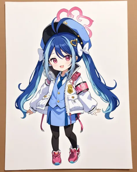 breathtaking,fubuki \(blue archive\),1girl, solo, looking at viewer, smile, open mouth, skirt, simple background, hair ornament, hat, bow, twintails, jacket, full body, hair bow, heart, pantyhose, necktie, chibi, uniform, vest, cup, blue skirt, black pantyhose, halo, traditional media, white jacket, white bow, sneakers, armband, blue necktie, heart hair ornament, blue vest, doughnut, walkie-talkie
<lora:Fubuki_image112_v1:1> . gorgeous,key visual, vibrant, studio anime,award-winning, professional, highly detailed,high budget, cinemascope