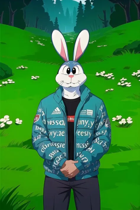 (masterpiece, best quality, high quality, highres, ultra-detailed), rabbit Krocsh, <lora:Smeshariki0.5:0.8>, drip jacket, shirt, open jacket, black pants, black shirt, looking at viewer, solo, own hands together ,<lora:drip_jacket:0.65>, cowboy shot