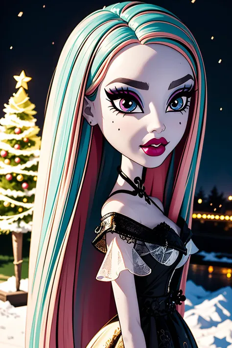 ((best quality)), ((masterpiece)), (intricate details, hyperdetailed:1.15), 35mm, bokeh, (perfect face, highest detailed face), (cowboy shot, mid-angle shot), fashion photography of Rochelle_Goyle_MH, (pale white skin), <lora:Rochelle_Goyle_MH:0.8> , bratz, <lora:bratz3-01:0.5>, lips, large breasts, beautiful, makeup, mascara, lip gloss, perfect eyes, long eyelashes, long multi-colored hair, looking at viewer, 8k, shiny, glow, (bloom), beautiful girl, photoshoot, outside, christmas backdrop, winter town scenery, christmas decorations, snow, nighttime
