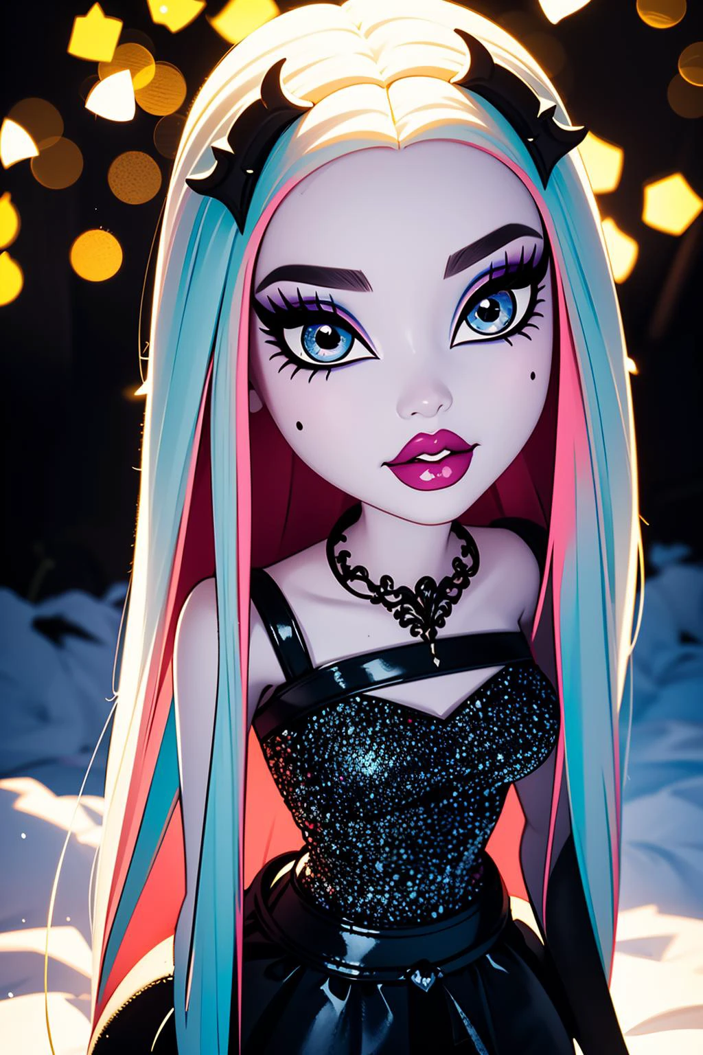 ((best quality)), ((masterpiece)), (intricate details, hyperdetailed:1.15), 35mm, bokeh, (perfect face, highest detailed face), (cowboy shot, mid-angle shot), fashion photography of Rochelle_Goyle_MH, (pale white skin), <lora:Rochelle_Goyle_MH:0.8> , bratz, <lora:bratz3-01:0.5>, lips, large breasts, beautiful, makeup, mascara, lip gloss, perfect eyes, long eyelashes, long hair, looking at viewer, 8k, shiny, glow, (bloom), beautiful girl, photoshoot, outside, christmas backdrop, winter town scenery, christmas decorations, snow, nighttime