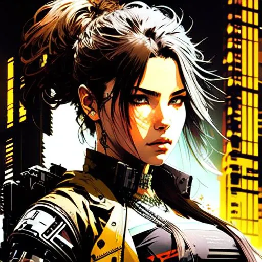 (samdoesart:1.2) dreamlikeart beautiful young lady, long hair, perfect face, cyberpunk, masterpiece, intense shadows, ambient light, illustration, thick outlines, highres, drawn by (Yoji Shinkawa:1.2)