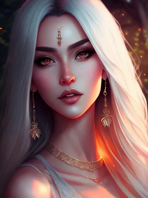 portrait of a beautiful women, small breasts, shiny silver dress, no emotions, silver lips, long shiny silver hair, silver eyes, realism, moon goddess, scythe, detailed night background, forest, night, masterpiece, beautiful quality, high quality, proportional body, realistic, solo, high quality background, high quality outfit, shimmering skin, lunar earrings, lunar goddess, dreamlikeart, samdoesart, kuvshinov