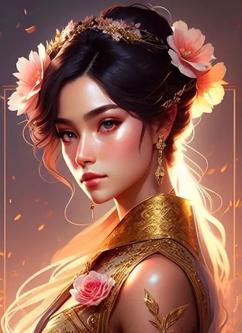 (samdoesart:1.1) (dreamlikeart:1) kuvshinov (symmetry:1.1) (portrait of floral:1.05) a woman as a beautiful goddess, (assassins creed style:0.8), pink and gold and opal color scheme, beautiful intricate filegrid facepaint, intricate, elegant, highly detailed, digital painting, artstation, concept art, smooth, sharp focus, illustration, art by greg rutkowski and alphonse mucha, 8k
