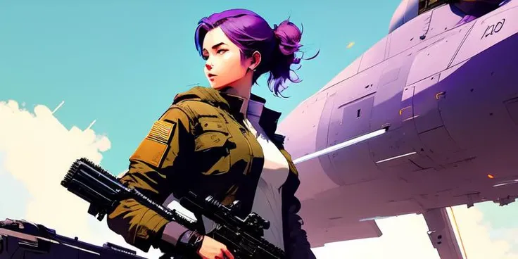 (samdoesart:1.2) (dreamlikeart:1) (full body:1.3) action pose of a beautiful young lady, short purple hair, ponytail, (military:1.1), masterpiece, intense shadows, ambient light, illustration, (thick outlines:1.2), cartoon, highres, drawn by (Yoji Shinkawa:1), Jovana Rikalo, Lois Van Baarle, Jakub Rozalski, (kuvshinov:1) <kuvshinov>