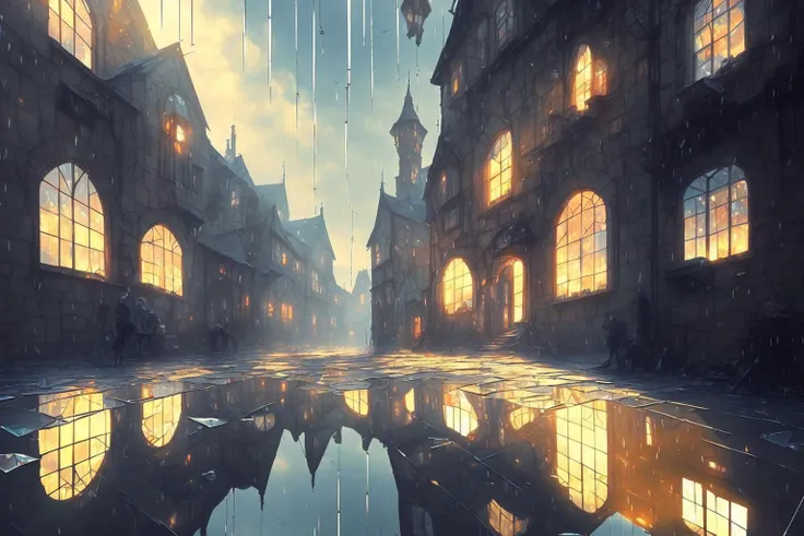 (((upside down))) medieval streets in the rain and sunlight by Kuvshinov, samdoesart, dreamlikeart, (((surrealism))), (Style-Glass:1.2)