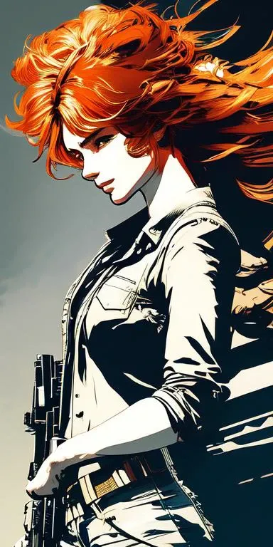(samdoesart:1.2) dreamlikeart beautiful young lady aiming a revolver, ginger hair, perfect face, masterpiece, intense shadows, ambient light, illustration, sketch, (thick outlines), cartoon, highres, drawn by (Yoji Shinkawa:1.3), (Hideo Kojima:0.8)