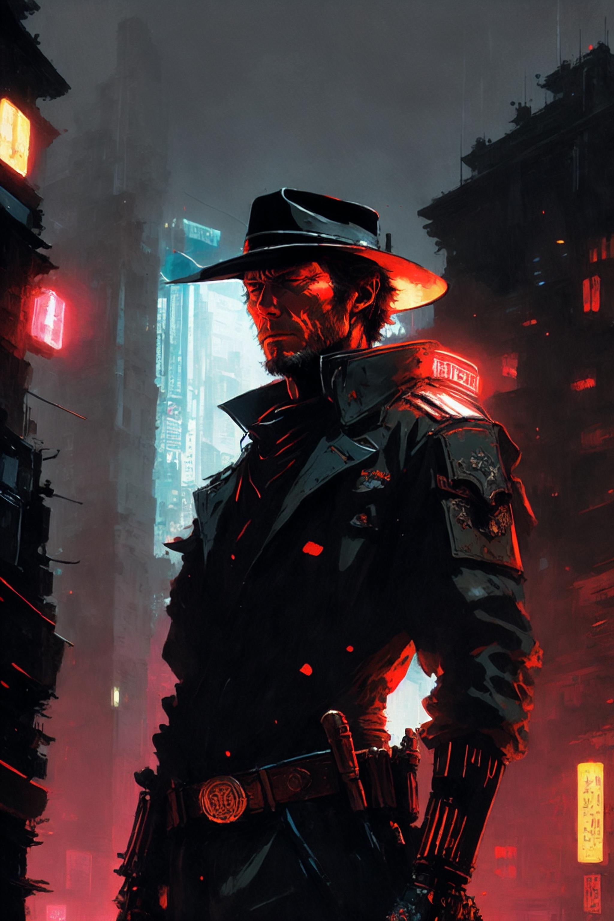 A man in a hat and leather jacket standing in the middle of a city ...