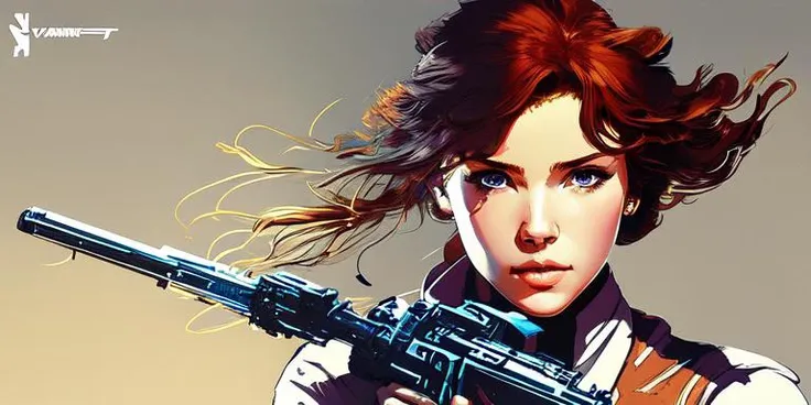 (samdoesart:1.2) dreamlikeart beautiful young lady aiming a revolver, ginger hair, perfect face, masterpiece, intense shadows, ambient light, illustration, sketch, (thick outlines), cartoon, highres, drawn by (Yoji Shinkawa:1.3), (Hideo Kojima:0.8)