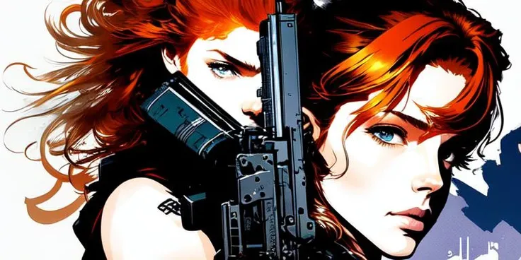 (samdoesart:1.2) dreamlikeart beautiful young lady aiming a revolver, ginger hair, perfect face, masterpiece, intense shadows, ambient light, illustration, sketch, (thick outlines), cartoon, highres, drawn by (Yoji Shinkawa:1.3), (Hideo Kojima:0.8)