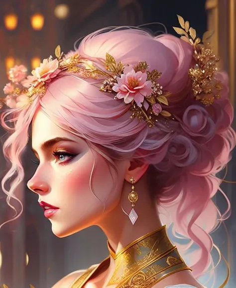 (samdoesart:1.1) (dreamlikeart:1) kuvshinov (symmetry:1.1) (portrait of floral:1.05) a woman as a beautiful goddess, (assassins creed style:0.8), pink and gold and opal color scheme, beautiful intricate filegrid facepaint, intricate, elegant, highly detailed, digital painting, artstation, concept art, smooth, sharp focus, illustration, art by greg rutkowski and alphonse mucha, 8k