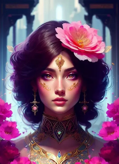 (samdoesart:1.1) (dreamlikeart:1) kuvshinov (symmetry:1.1) (portrait of floral:1.05) a woman as a beautiful goddess, (assassins creed style:0.8), pink and gold and opal color scheme, beautiful intricate filegrid facepaint, intricate, elegant, highly detailed, digital painting, artstation, concept art, smooth, sharp focus, illustration, art by greg rutkowski and alphonse mucha, 8k, Neon Collage