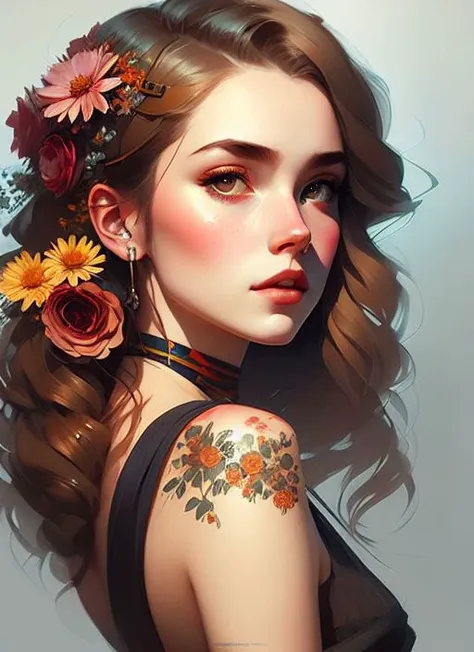 (samdoesart:1.1) (dreamlikeart:1)  kuvshinov Charlie Bowater realistic Lithography sketch portrait of a woman, flowers, [gears], pipes, dieselpunk, multi-colored ribbons, old paper texture, highly detailed