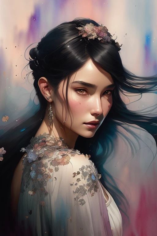 (Award Winning Digital Artwork:1.3) of (Screen print:1.3),(Satisfying:1.3),best quality,masterpiece,highly detailed,ultra-detailed,1girl, (watercolor:1.16), soft lighting, (color Ink wash painting:1.1),(ink splashing:1.1),(color splashing:1.1),(colorful:1.16), unreal engin 5,octane render,(2D:1.2), digital painting, artstation, concept art, smooth, sharp focus,art by ross tran and greg rutkowski and alphonse Mucha and Bak Karol,(by Artist Leonardo Coccorante:1.3),CGSociety,ArtStation,(Dark hue:1.3),(close portrait:1.3),(Feminine:1.4),(beautiful:1.4),(attractive:1.3),handsome,calendar pose,perfectly detailed eyes,studio lighting,thematic background