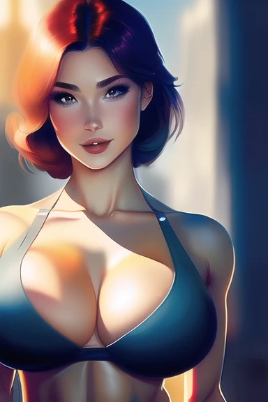 dreamlikeart, samdoesart, kuvshinov, [masterpiece, best quality:1.1], art by jewel, (illustration, painting, overexposure, dramatic shadows, bestlighting, scenery, colorful, delicate facial features), (upper_body:1.5), (female:1.5),blue eyes, red hair, __bang__, __aspect-ratio__1.3,  __angle__1.3, (solo:1.5), (large_breasts:1.5), __loc__, __emotion__smile, (__ctop__:1.3),  (blurry background:1.2), [lipgloss:1.2], muscular, pectoral cleavage, abs