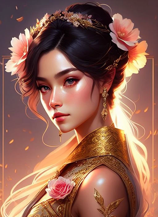 (samdoesart:1.1) (dreamlikeart:1) kuvshinov (symmetry:1.1) (portrait of floral:1.05) a woman as a beautiful goddess, (assassins creed style:0.8), pink and gold and opal color scheme, beautiful intricate filegrid facepaint, intricate, elegant, highly detailed, digital painting, artstation, concept art, smooth, sharp focus, illustration, art by greg rutkowski and alphonse mucha, 8k
