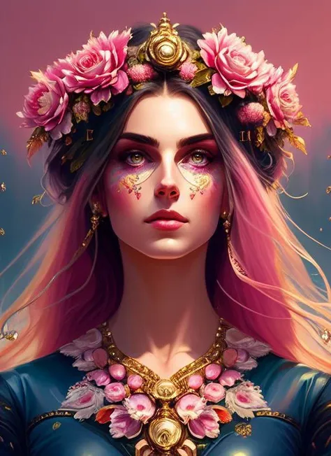 (samdoesart:1.1) (dreamlikeart:1)  kuvshinov (symmetry:1.1) (portrait of floral:1.05) a woman as a beautiful goddess, (assassins creed style:0.8), pink and gold and opal color scheme, beautiful intricate filegrid facepaint, intricate, elegant, highly detailed, digital painting, artstation, concept art, smooth, sharp focus, illustration, art by greg rutkowski and alphonse mucha, 8k