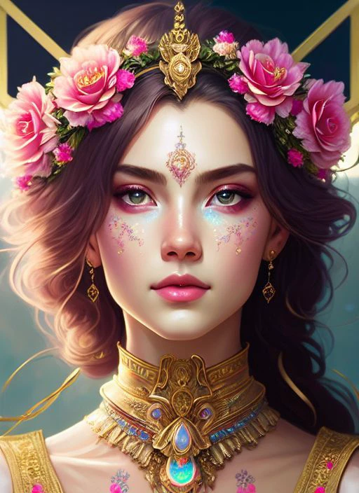 (samdoesart:1.1) (dreamlikeart:1) kuvshinov (symmetry:1.1) (portrait of floral:1.05) a woman as a beautiful goddess, (assassins creed style:0.8), pink and gold and opal color scheme, beautiful intricate filegrid facepaint, intricate, elegant, highly detailed, digital painting, artstation, concept art, smooth, sharp focus, illustration, art by greg rutkowski and alphonse mucha, 8k